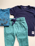 Driedelige set in blauw en zeegroen - mt 104 tot 116